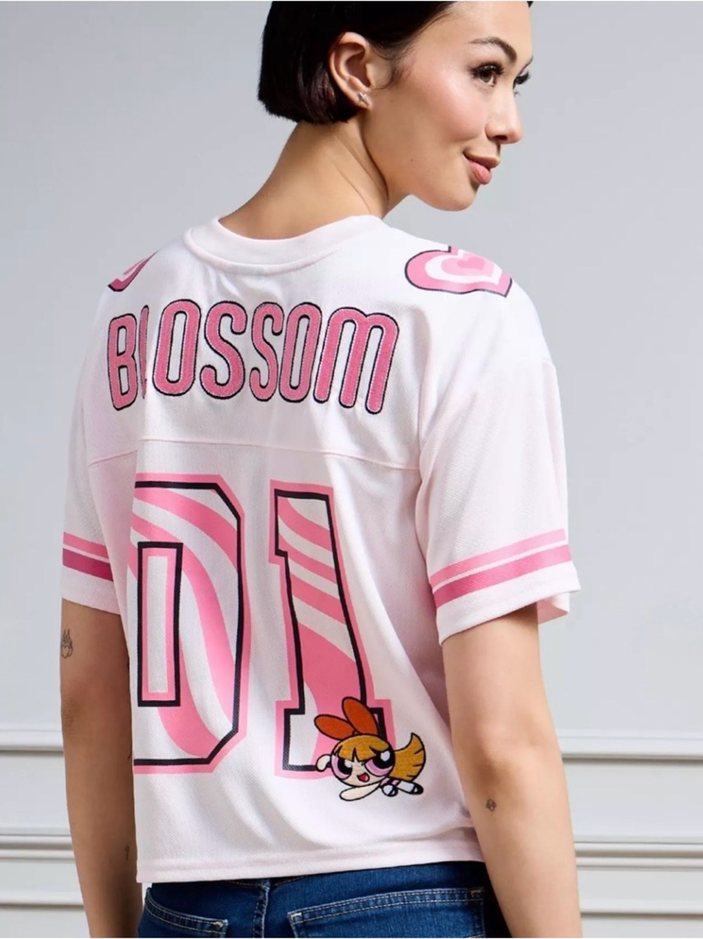 The PowerPuff Girls “Blossom” Light Pink Cropped Football Graphic Jersey- New